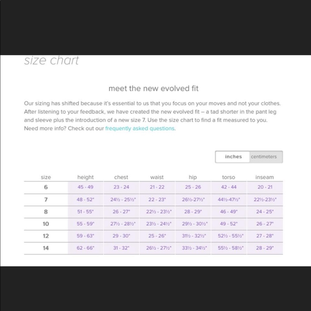 Size chart of Lululemon and ivivvia
